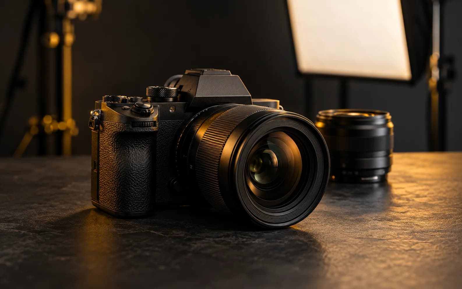 Mirrorless camera in warm studio light