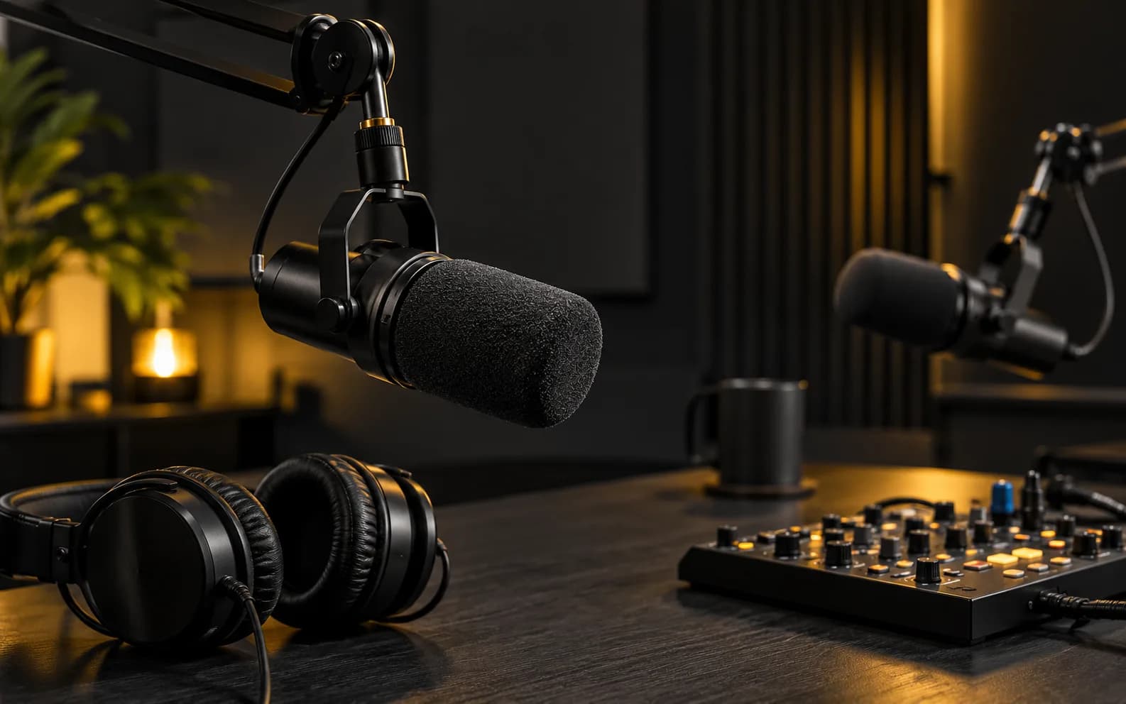 Podcast desk with broadcast microphones
