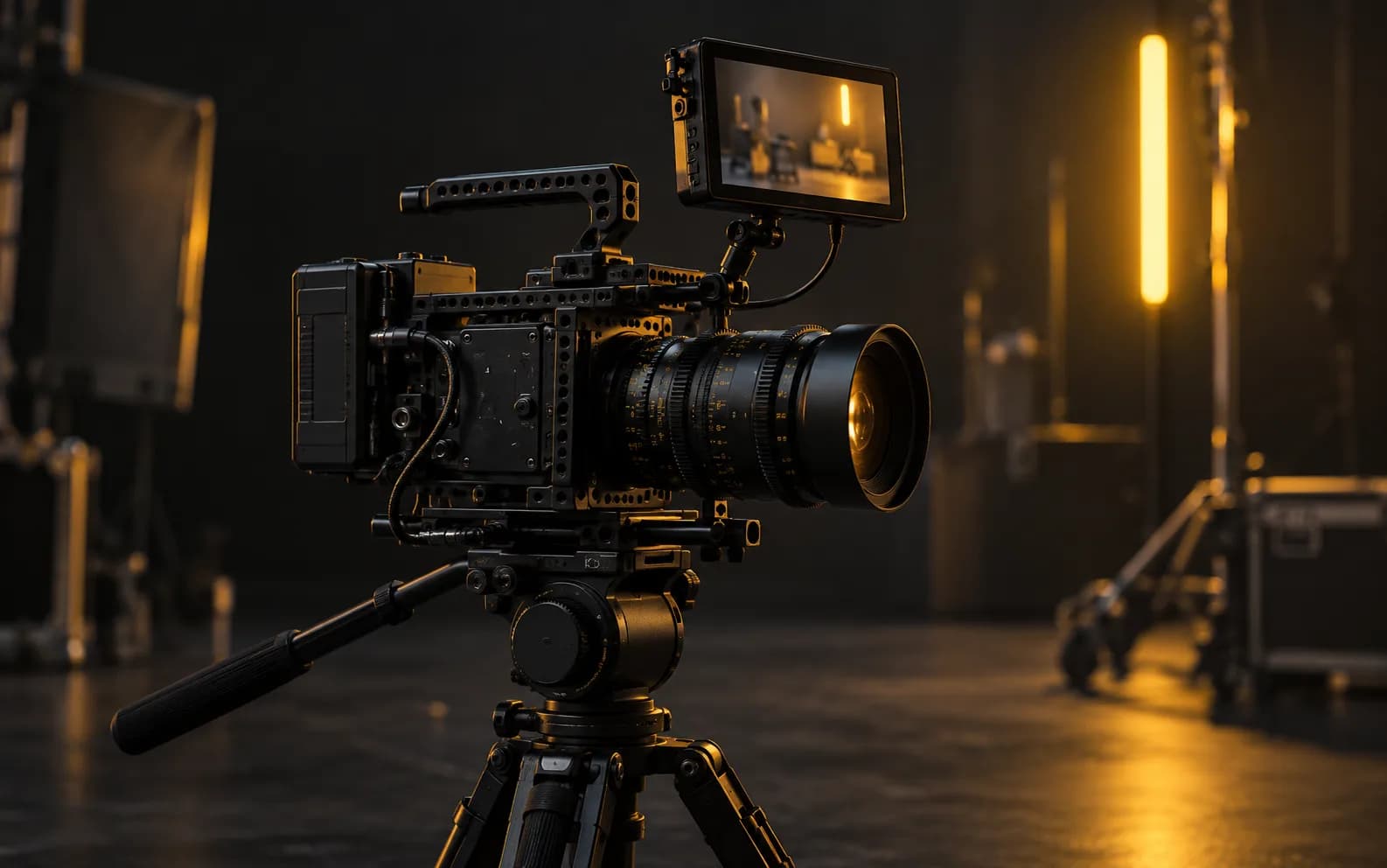Cinema camera rig set up in a warm studio